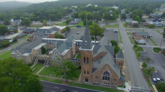 Aerial over a small town in Alabama at sunrise 