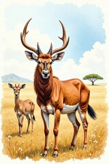 Obraz premium Watercolor illustration of safari animal herd , painting, safari