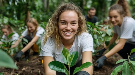 Fototapeta premium A heartwarming scene of dedicated volunteers joyfully planting trees in a reforestation project, emphasizing community commitment to environmental conservation.