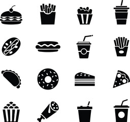 Fast Food Items Black Silhouette Vector Set
