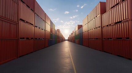Fototapeta premium A symmetrical view of shipping containers stacked in a transport yard under a bright sky, showcasing modern logistics and global trade.