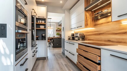 Efficient storage in small kitchen with pull-out drawers and cabinets