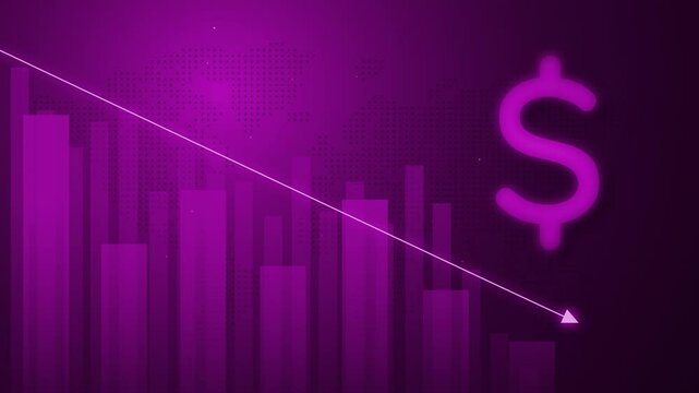 Financial trading graph with candlestick chart on dark purple digital background ,downtrend dollar price decrease investment background animation portrait