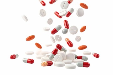red pills in the air on white background