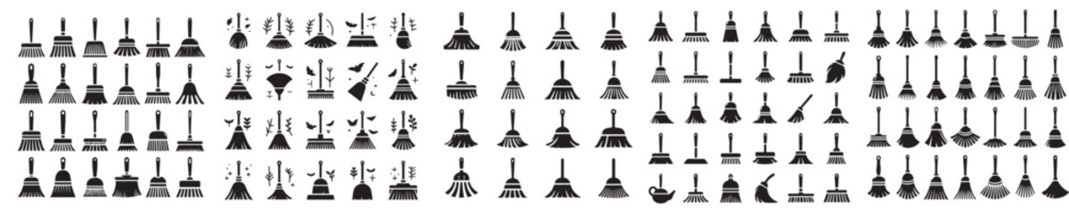broom silhouette icon vector set