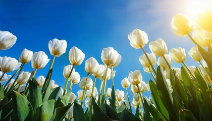 Fototapeta premium White tulip flowers blossom in garden, bottom view, in bright day