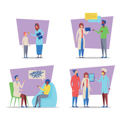 Various healthcare professionals engaged with patients in modern consulting environment. Demonstrating communication and care, they addressing different medical needs collaboratively