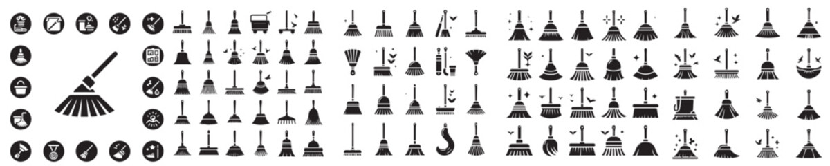 broom silhouette icon vector set