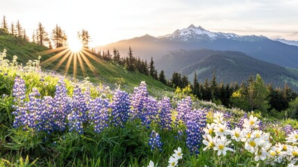 A glowing sunrise over a hilltop covered in blooming wildflowers, providing a breathtaking spring vista with generous space for captions,