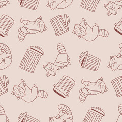 Outline Vector Seamless Pattern of Raccoon Trash Can Background for Fashion Wrapping Print Fabric © Yooko Studio