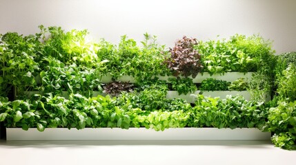 Fototapeta premium A vibrant vertical farm showcasing numerous layers of lush greenery, featuring a variety of herbs and leafy vegetables. The farm is illuminated by soft studio lighting, creating an inviting
