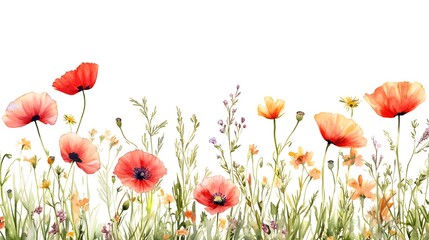 Fototapeta premium A dreamy spread of poppies and wildflowers dancing among wispy grasses, painted in loose, translucent strokes on white.