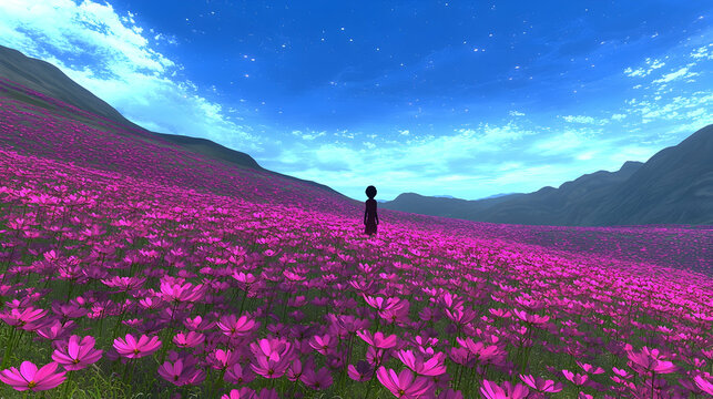 Solitary figure in a vast cosmos flower field, under a bright sky, mountains in the background.  Perfect for meditation, peace, or tranquility themes