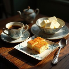 Elegant Still Life Featuring Coffee, Butter Cubes, Cake, and Tea Service