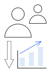 Two user figures, downward arrow leading to growing bar chart with upward trend. Ideal for growth, development, progress, user analytics, success, teamwork, conversion flat simple metaphor