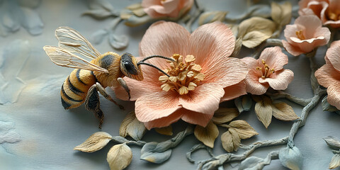 A bee drinks nectar from peach flowers The scene is light with paper crafted realism and detailed features