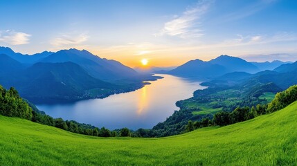 Fototapeta premium Panoramic View of a Serene Sunset over a Lake and Mountains with Lush Green Hills in the Foreground