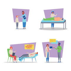 Collection of diverse medical activities including consultations, examinations, and discussions between healthcare professionals and patients. Collaborative healthcare concept