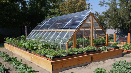 Obraz premium sustainable urban garden featuring greenhouse with solar panels, showcasing variety of healthy plants and vegetables. This eco friendly setup promotes urban sustainability and community gardening