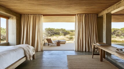 A rustic, minimalist bedroom with expansive outdoor views.