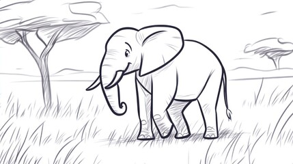 Obraz premium Simple black and white illustration of an elephant in a savanna landscape. Suitable for coloring books or educational materials