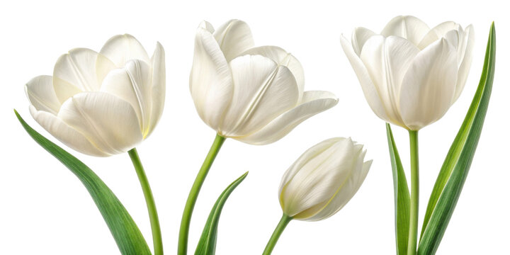 Beautiful white tulips bloom gracefully, showcasing their delicate petals and vibrant green stems, perfect for any floral arrangement