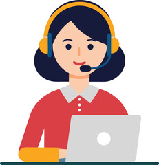 Woman hotline operator wearing headphones and microphone typing on laptop. Call center, customer service, assistance concept
