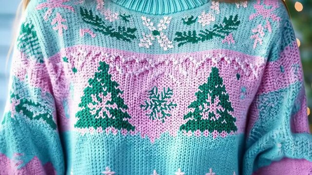 Young caucasian woman wearing festive winter sweater with holiday patterns. Happy New Year. Merry Christmas. Christmas Sweater Day