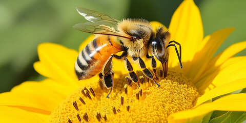 A bee is perched on a bright yellow sunflower gathering pollen with its hairy legs and striped abdomen in clear view