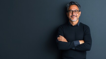 Fototapeta premium Confident mature businessman with glasses standing with crossed arms against a grey background, exuding professionalism and assurance in his demeanor.