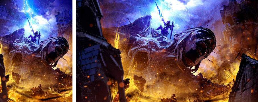 A brave paladin girl with lance and a shield climbed on a creepy monster, a zombie giant that is destroying a blazing city. The stink summons lightning and thunder. 2d art illustration