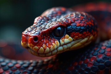 Fototapeta premium Scales glisten on viper's snout as it hisses menacingly face close up, ssss sound, closeup, blue venomous snake