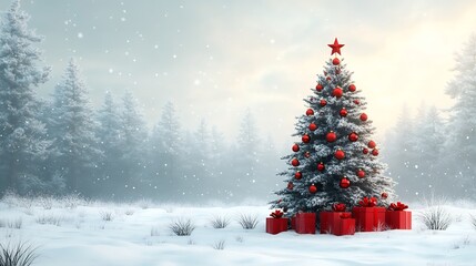 Snowy Christmas Tree with Gifts, and Winter Forest.