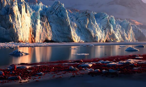 Glacial shoreline bathed in golden light, vibrant red algae
