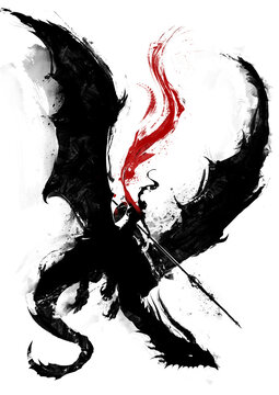 A knight in armor with a spear and shield riding a dragon. He flies fearlessly, preparing for battle. A long red cloak flutters in the wind, like a flame. Black blob silhouette. 2d art