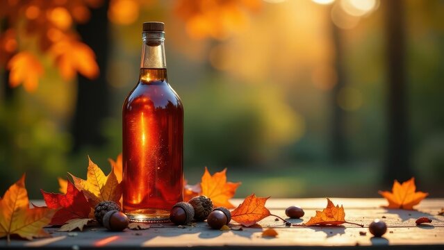 Autumnal Elixir A Glass Bottle of Amber Liquid Rests Amidst Fallen Leaves and Acorns on a Wooden Surface, Bathed in the Warm Glow of Sunset