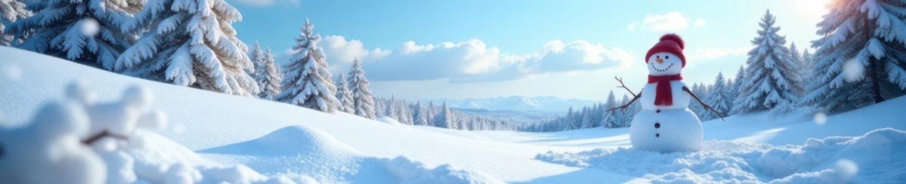 Snowy landscape with happy snowman in the distance, surrounded by trees and a bright blue sky ,  winter scenery,  whiteout