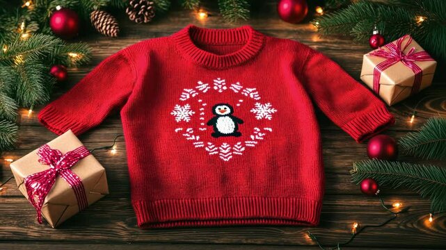 Cozy red christmas sweater with penguin design and festive decor. Happy New Year. Merry Christmas. Christmas Sweater Day