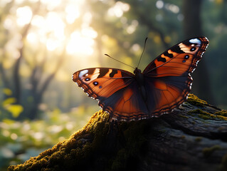 A butterfly with orange black and blue markings resting on a mossy log with a forest blurred in the background