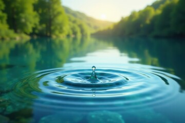 Tranquil lake scene with clear water drop and circular waves, reflection, lake