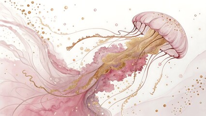 Fototapeta premium Pink and gold watercolor jellyfish illustration