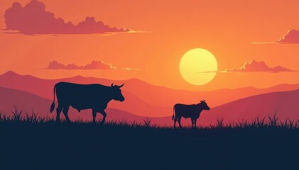 Vector bovine silhouettes in a serene landscape with subtle sun movement, scenery, bovines