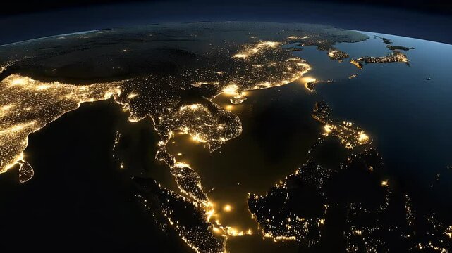 Night lights illuminate Earth's Asia-Pacific region viewed from space, showcasing urban sprawl and connectivity