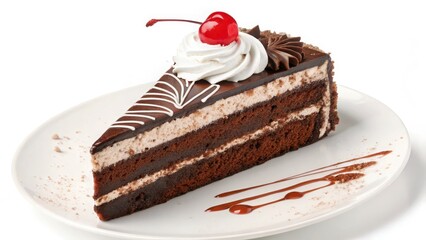 Cuisine Concept. Delicious Chocolate Cake Slice with Whipped Cream and Cherry on Top for Dessert Lovers