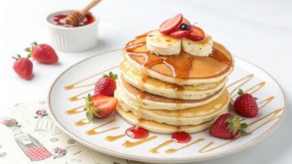 Cuisine Concept. Stack of Delicious Pancakes with Fresh Fruits and Maple Syrup on a White Plate