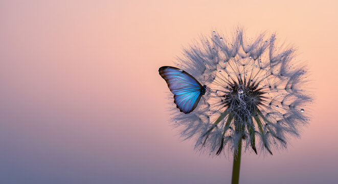 Close-up of a delicate blue butterfly on a fluffy dandelion seed head, silhouetted against a soft, out-of-focus sunset background.