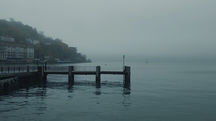 Fototapeta premium A misty harbor pier on a cloudy day.