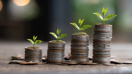 Stacks of coins with green plants symbolize financial growth and investment.
