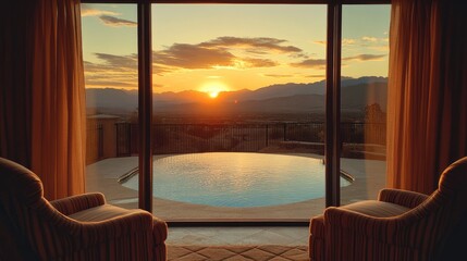Fototapeta premium Automated curtain moving silently over sliding glass doors during sunset