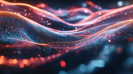 Abstract Digital Wave Background: Neon Red Blue Glowing Particles and Energy Flowing Texture